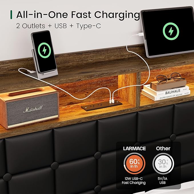 LARMACE King Size Bed Frame with 4 Storage Drawers and Bookcase Headboard, Faux Leather Upholstered, Wooden Platform Bed Frame with Charging Station and LED Lights, No Box Spring Needed, Brown