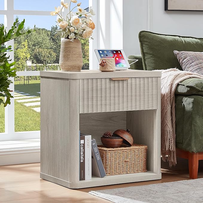 LEYAOYAO Fluted Farmhouse Nightstand Set of 2 with Charging Station, 23" Wide 1 Drawers Night Stand,LightGrey Dresser for Bedroom,Bed Side Table Chest of Drawers,Wood End Table for Living Room