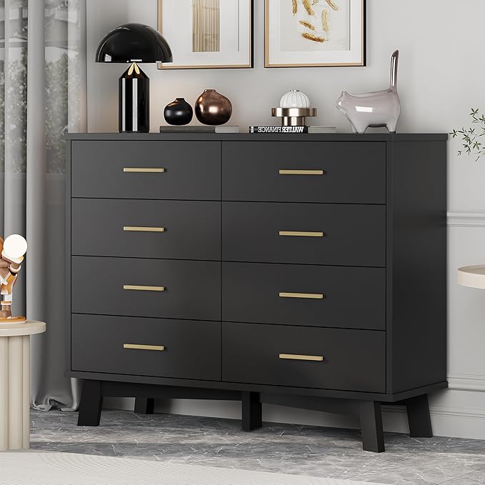 Dresser for Bedroom, 8 Drawer Wide Modern Chest of Drawers with X-Shaped Sturdy Base, Wood Double Dresser Closet Clothes Storage Organizer, Wooden TV Stand for Living Room, Hallway, Black