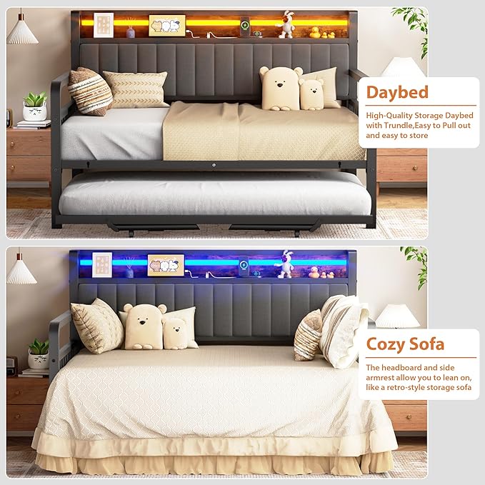 Daybed with Trundle and LED Light, Heavy Duty Metal Full Bed Frame with Upholstered Storage Headboard & Charging Station, Day Bed Pop Up Trundle Bed for Living Room,Bedroom and Guest Room, Brown