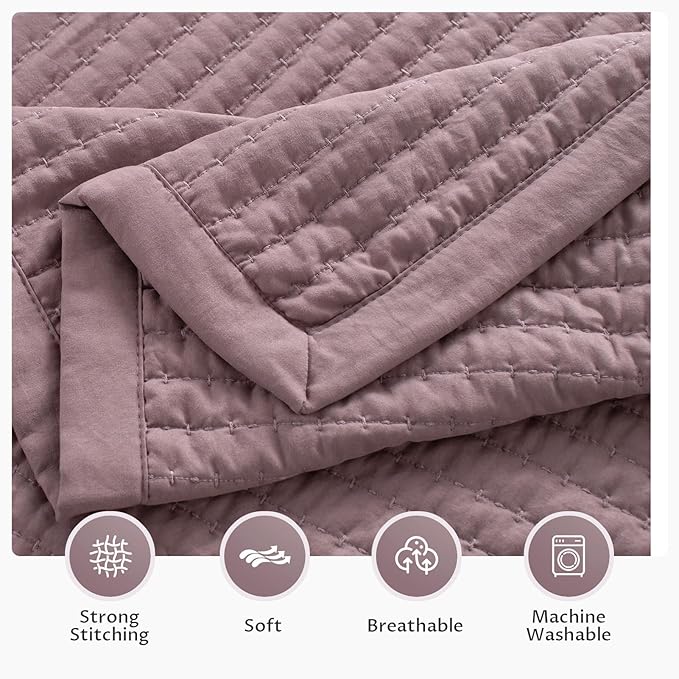 Oversized Queen Quilt Set 102"x106" – Soft Washed 3-Layer Lightweight Bedspread, Minimalist Nordic Design, All-Season Spring & Summer Quilt Set (1 Quilt + 2 Pillow Shams),Twilight Mauve Purple