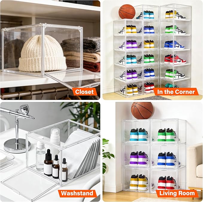 1 Pack Acrylic Drop Front Shoe Boxes Fit Size 13, Clear Stackable Shoe Organizer with Front Side Magnetic Door for Closet, Entryway, Underbed, Multiple Display Cases for Hats, Figures, Sneakers