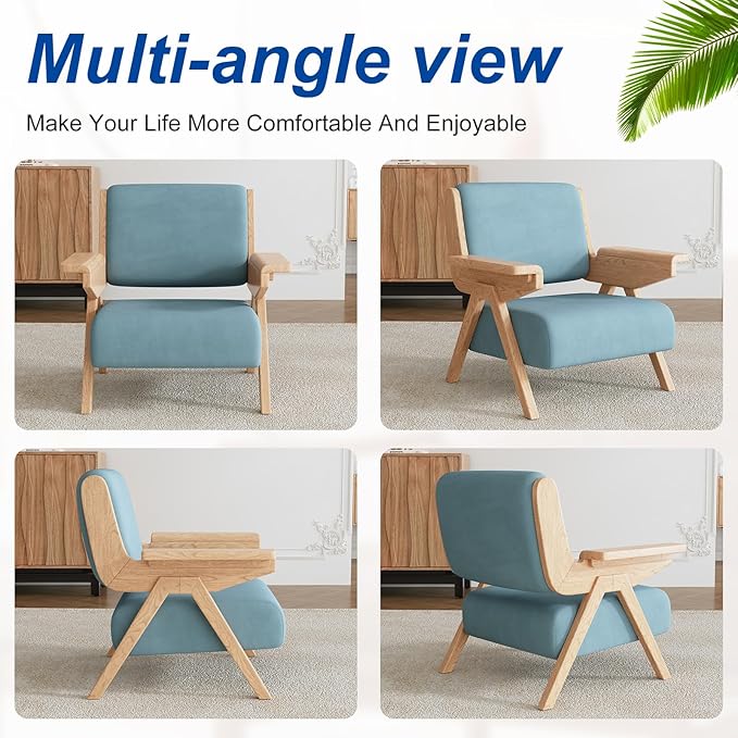 Accent Chair Set of 2, Mid Century Modern Chair, Velvet Upholstered Lounge Arm Chair with Solid Wood, Cozy Seating for Living Room, Bedroom, Balcony (Blue)