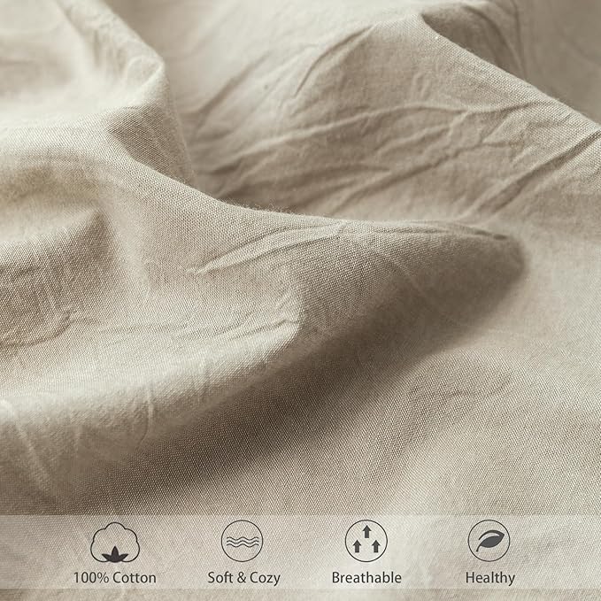 MooMee Fitted Bottom Sheet Only 100% Washed Cotton Linen Like Textured Breathable Durable Soft Comfy Deep Pocket Fits Mattress up to 17" (Tannish Linen Grey, Queen)
