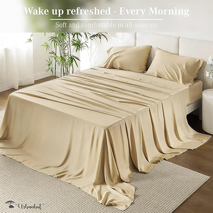 URBANHUT 800 Thread Count 100% Cotton King Size Sheets, Luxury 4 Piece King Bedsheets, Hotel Sheets Sateen Finish - Better Than Egyptian, 16" Elasticized Deep Pocket - Sand
