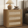 SICOTAS 26.8" Oversized Night Stand for Bedroom & Guest Room, Large 3-Drawer Rattan Nightstand, Boho Bedside Table End Table Storage Cabinet with Kid-Safe Rounded Edges & Push-Close Design, Amber Oak