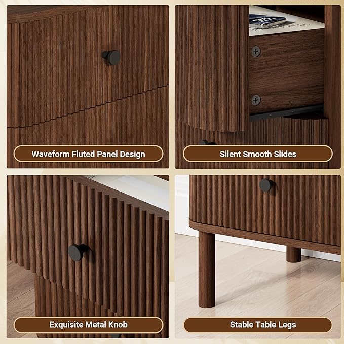 Night Stand Set of 2 with Charging Station, 18" Fluted Nightstand with Rounded Corners & Solid Wood Legs, 2 Drawers End Table, Mid Century Modern Bedside Table for Bedroom, Walnut