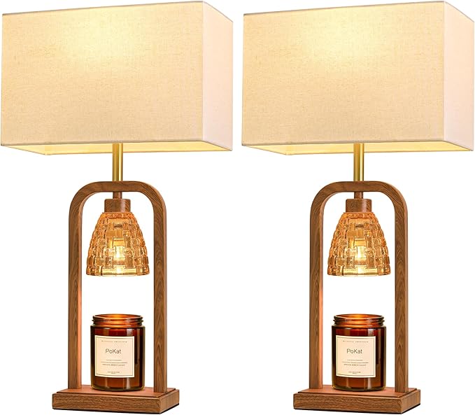 PoKat Farmhouse Table Lamps with Candle Warmer & Timer for Bedroom, Wood-Like Bedside Lamps Set of 2 for Night Stands, 21.5'' Bedroom Lamps Decor for Living Room, Corded Eletric, No Battery
