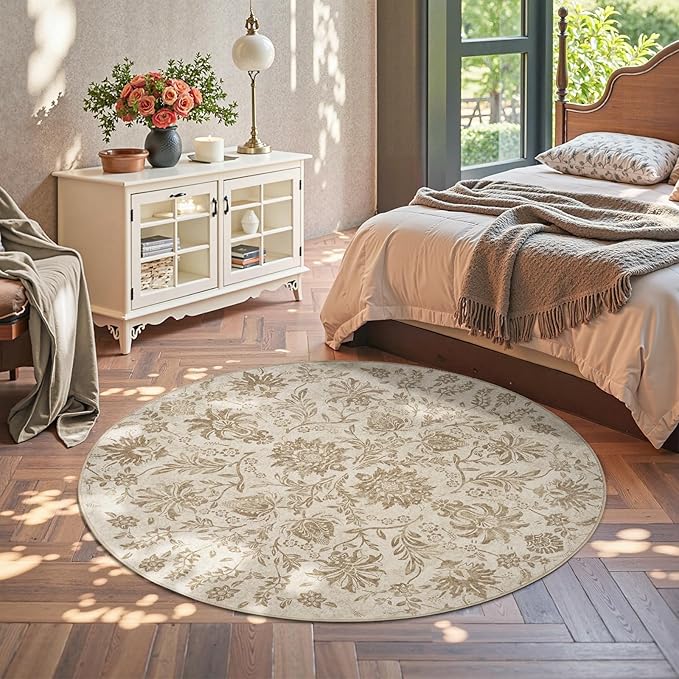jinchan Torino Classic Floral Round Rug 6ft, Vintage-Inspired Neutral Design 6’Circle Rug, Machine Washable Ultra-Thin Low-Pile Non-Slip Indoor Carpet for Bedroom Living Room Entryway, Taupe