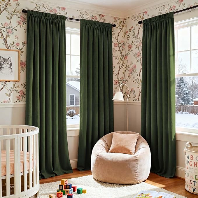 Lazzzy Velvet Blackout Curtains Thermal Insulated Room Window Drapes Super Soft Luxury Curtains for Living Room Bedroom Rod Pocket 2 Panels, Moss, 52" W x 120" L