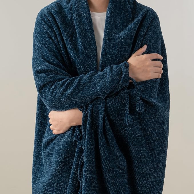 BATTILO HOME Navy Blue Chenille Throw Blanket for Couch, Bed, Sofa - Soft Cozy Chenille Knitted Throw Blanket with Handmade Fringe Tassels, Lightweight Knit Throw for Home Decor, 50"x60"