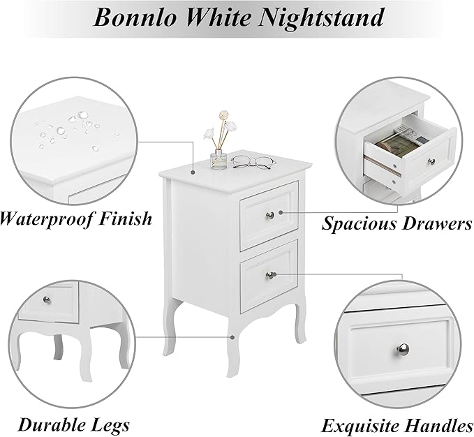 Bonnlo White Nightstand with 2 Drawers, Night Stands for Bedrooms, Small Bed Side Table/White Night Stand with Drawers for Small Spaces, College Dorm, Kids’ Room, Living Room, French, 16W x 12D x 24H