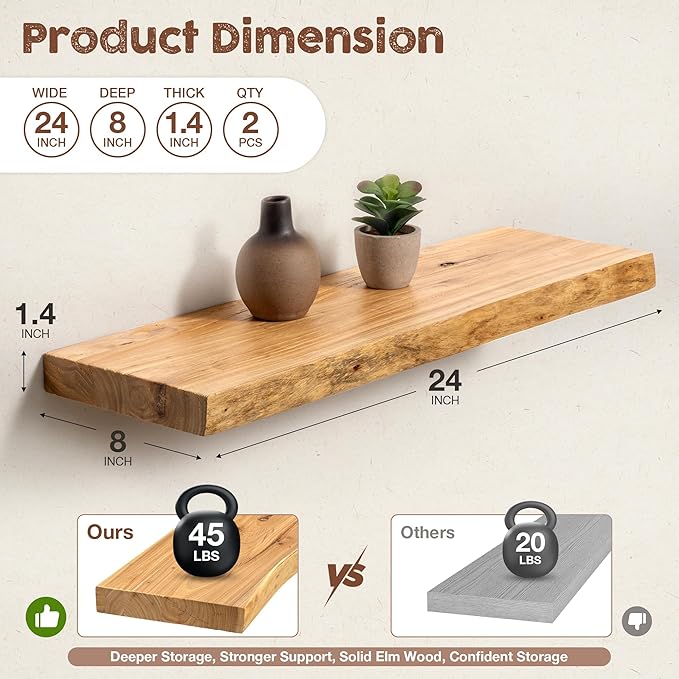 fuqing Live Edge Floating Shelves for Wall 24 inch, 8 Inch Deep Solid Elm Wood Floating Wall Shelves - Rustic Wooden Shelves with Invisible Brackets for Living Room Bedroom Kitchen, 2 Pack, Natural