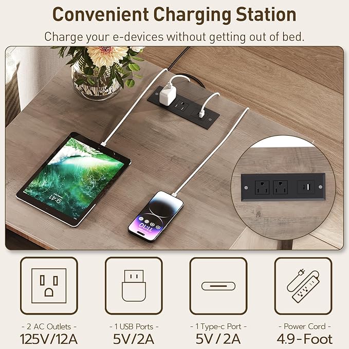 Farmhouse Fluted End Table with Charging Station, 24'' Sofa Side Table with 2 Drawers, Farmhouse Bedside Table with Storage, Large Nightstand for Bedroom, Living Room, Greige