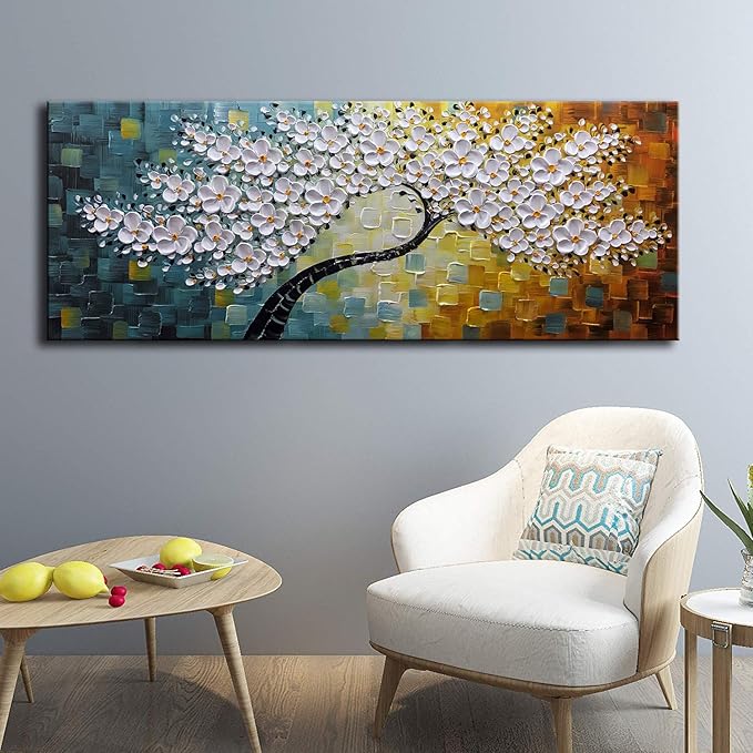 YaSheng Art - 100% Hand Painted Contemporary Art Oil Painting On Canvas Texture White 3D Flower Paintings Modern Home Bedroom Living Room Wall Decor Abstract Art Paintings 24x60inch