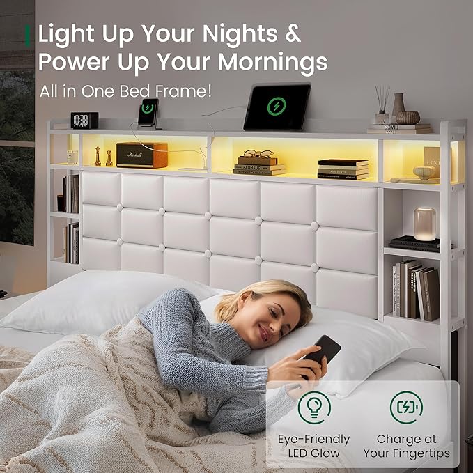 LARMACE Queen Size Bed Frame with 4 Storage Drawers and Bookcase Headboard, Faux Leather Upholstered, Wooden Platform Bed Frame with Charging Station and LED Lights, No Box Spring Needed, White
