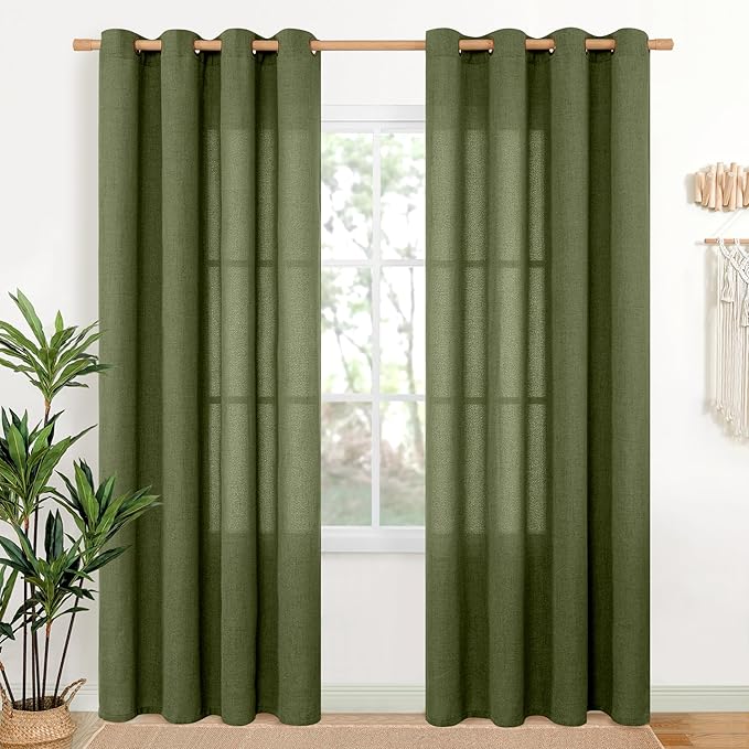 YoungsTex Olive Linen Curtains 80 Inch Length for Living Room, Light Filtering Window Drapes with Bronze Grommet Textured Privacy for Bedroom Farmhouse Decorative, 52 x 80 Inch, 2 Panels