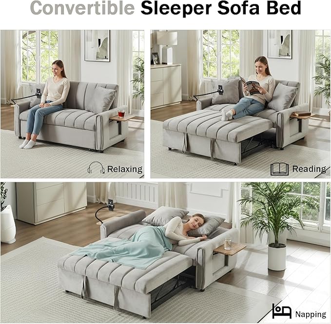 3 in 1 Convertible Sleeper Sofa Bed, Pull Out Couch Bed with USB Ports, Foldable Tables & Phone Stand, Adjustable Backrest Velvet Loveseat Futon Couch for Living Room Bedroom Samll Space (Solid Grey)