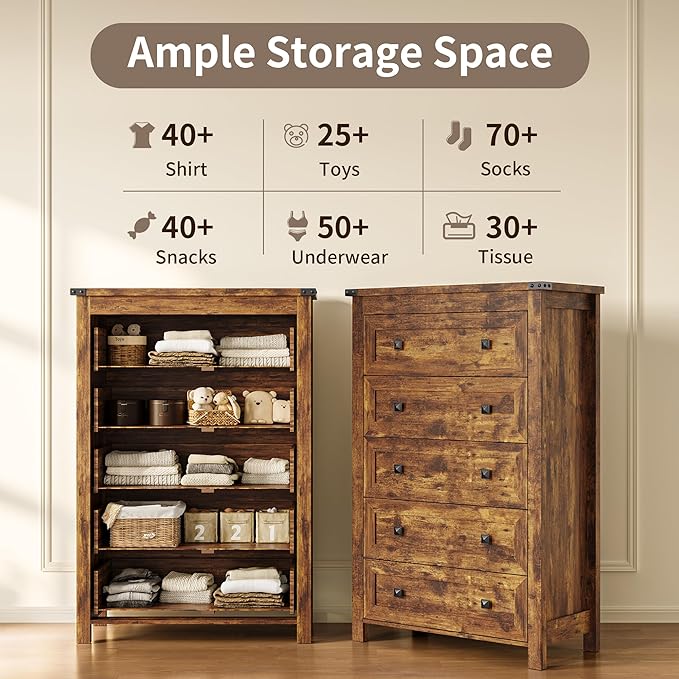 Dresser for Bedroom with 5 Drawers, Tall Wood Chest of Drawers, Modern Farmhouse Closet Clothes Organizer, Storage Tower Cabinet with Metal Handles for Hallway, Living Room, Entryway, Brown