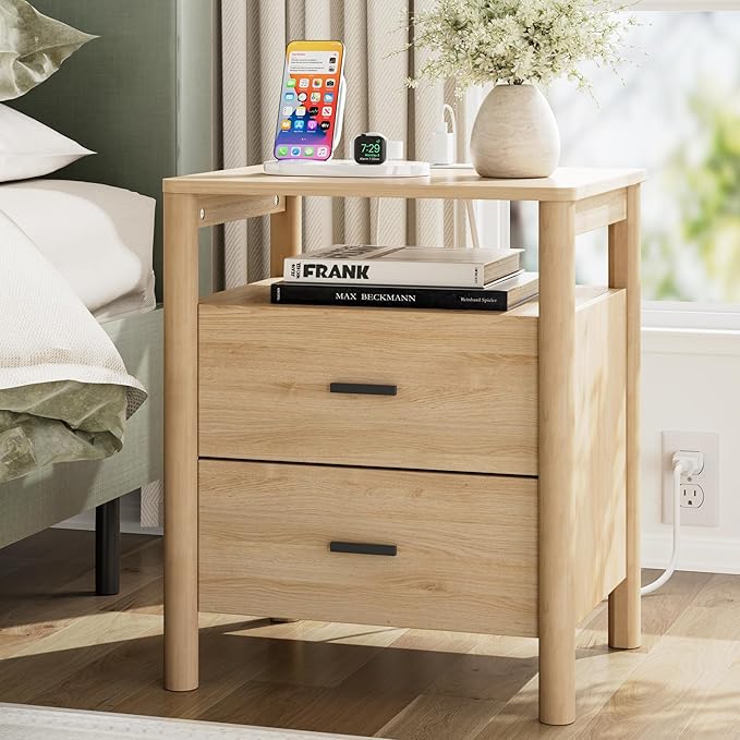 FavourLife Night Stand, 20" Wide Nightstand, Modern Large Nightstand with Charging Station, 2 Drawer Wooden End Table with Solid Round Post Legs & Open Shelf, Bedside Table for Bedroom, Natural Oak