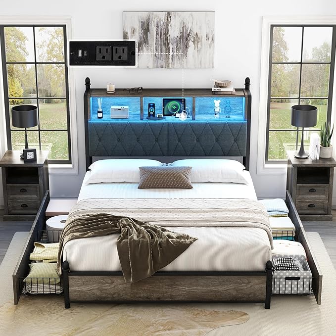 AMERLIFE Queen Bed Frame with Bookcase Headboard and 4 Storage Drawers, Wooden Platform Bed with Charging Station and LED Light, Noise-Free/No Box Spring Needed, Gray