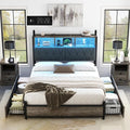 AMERLIFE Queen Bed Frame with Bookcase Headboard and 4 Storage Drawers, Wooden Platform Bed with Charging Station and LED Light, Noise-Free/No Box Spring Needed, Gray