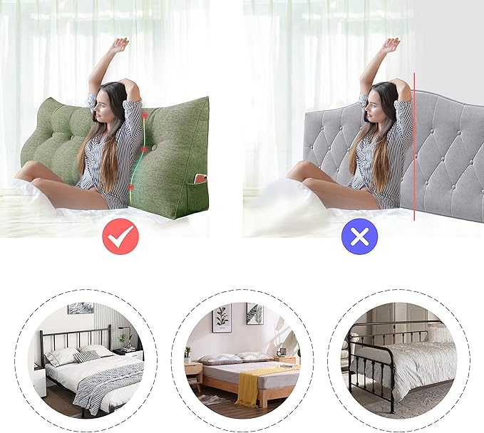 homecozy Wedge Headboard Pillow Dorm Room Reading Pillow Back Support for Sitting Up in Bed Bolster Lumbar Cushion Body Positioning Bedrest Cotton Linen 39in Grass Green Twin