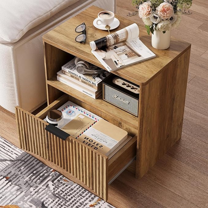 Fluted Nightstand Set of 2, MCM Mid Century Modern Bedside Tables with Drawer and Open Shelf, Minimalist Wood Bedside Table Fluted End Tables for Bedroom, Walnut