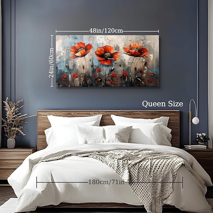 SERIMINO Large Wall Art for Living Room, Nature Floral Botanical Wall Decor, Red Flowers Canvas Prints Pictures, Wildflower Modern Home Decor Bathroom Dining Room Kitchen Paintings 24"X48"