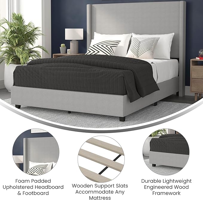 EMMA + OLIVER Nora Queen Size Faux Linen Upholstered Platform Bed with Plush Padded Wingback Headboard (No Box Spring Needed), Modern Upholstered Headboard Queen Bed Frame, Gray