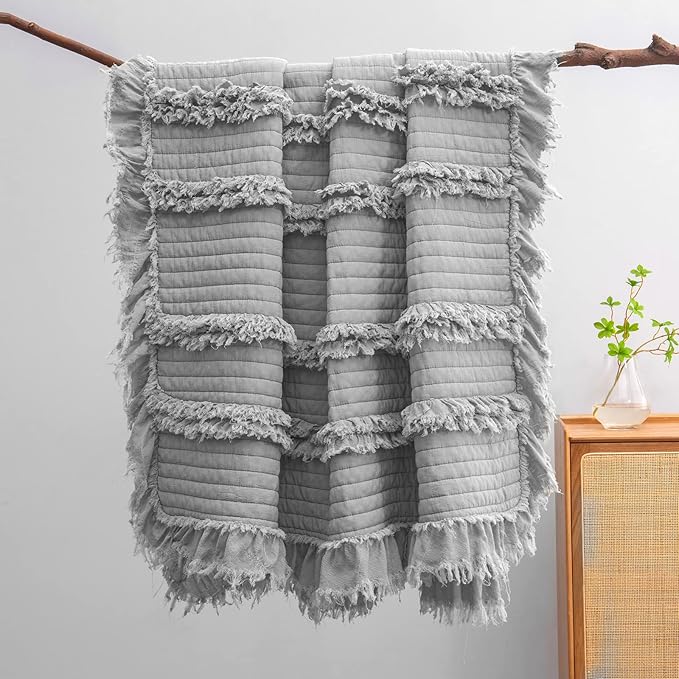 Ultra Soft Pre-Washed Quilted Boho Grey Twin Size Blankets for Bed, Ruffle Fringed Decorative Throw, Stone Washed Chic Rustic Blanket for Sofa Couch Bed, 60"*80"