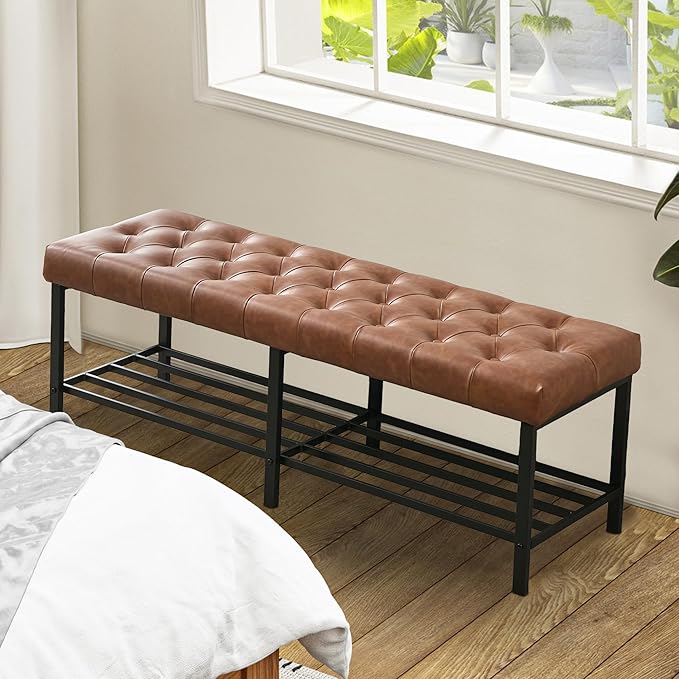 55.5" End of Bed Bench, Modern Leather Button Tufted Bedroom Bench, Upholstered Storage Shoe Bench with Metal Base, Dinning Table Bench for Living Room, Bedroom, Entryway,Brown