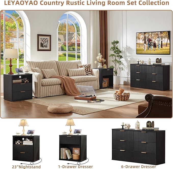 LEYAOYAO 48" Wide Fluted Dresser and 1 Drawers 23" Nightstand Set of 2, Wooden Dresser & Night Stand with Charging Station, 3 Piece Bedroom Furniture Set, Chest of Drawer for Living Room,Black