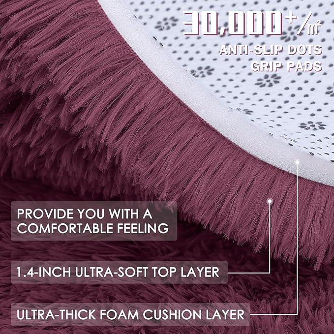 OLANLY Burgundy Round Rugs for Bedroom - Machine Washable, 5 ft Circle Area Rugs for Living Room, Soft and Fluffy Shaggy Carpet for Teen Girls and Boys, Nursery Rooms, Dorms, Home Decor Aesthetic