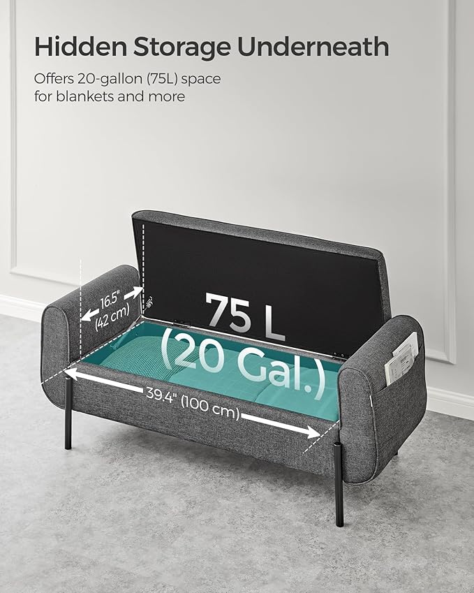 SONGMICS Storage Bench with Armrests, Ottoman for Living Room, Bedroom, Entryway, Steel Legs, Dark Gray ULOM072G01