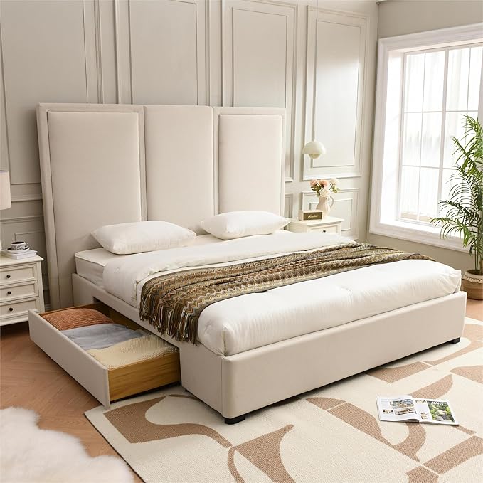 YUHUASHI King Size Bed Frame with 64-inch High Headboard, Simple and Airy Linen Upholstered Platform Bed with Storage Drawers, Wood Slat, No Noise (Beige, King)