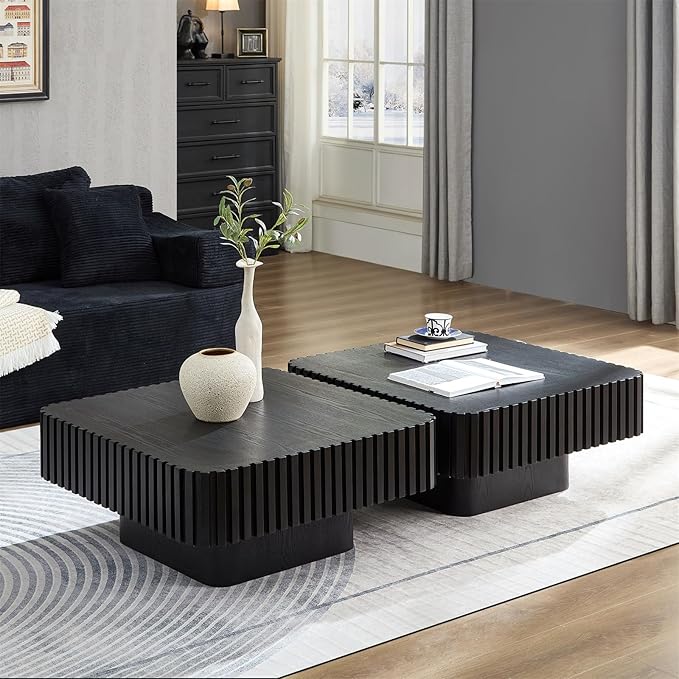 LKTART Square Coffee Table for Living Room, Accent Fluted Coffee Table with Storage, Modern Solid Wood Veneered Large Center Tea Table for Small Space Apartment (31.5''D×14''H-Black)