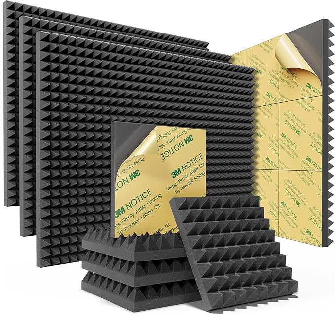 Sonicism Acoustic Panels Self-Adhesive Pyramid 48 Pack|12" X 12" X 2" Sound Proof Foam Panels for Walls 35kg/m³High Density Fast Expand Soundproof Wall Panels,Sound Absorption and Decoration,Black
