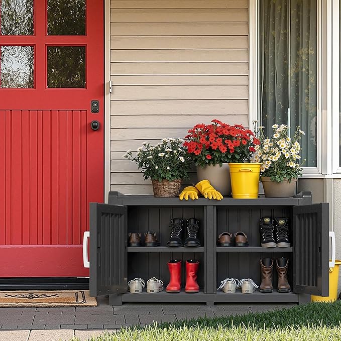 ROJIK Shoe Cabinet Storage Bench Indoor Outdoor, Waterproof UV-Resistant Resin Entryway Furniture with Adjustable Shelves for Hallway, Living Room and Bedroom (Double Door,Black)