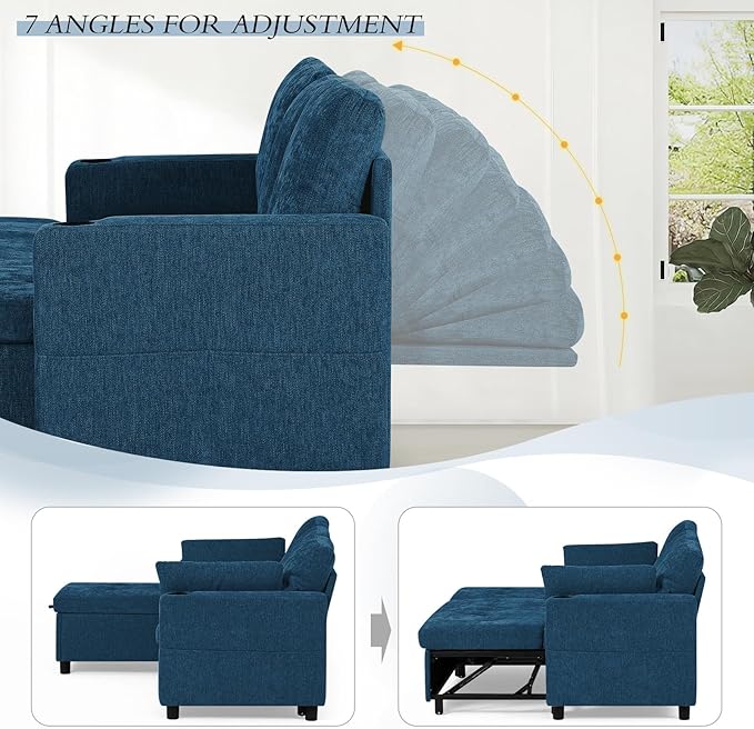 84" Chenille Pull Out Sofa Bed w/Adjustable Backrest, L-Shape Modern Sleeper Sofa w/Reversible Chaise, Upholstered Sectional Couch w/USB Port and Side Pockets for Living Room, House, Blue