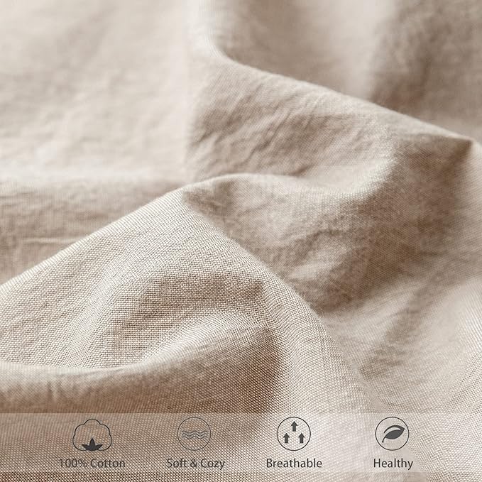 MooMee Fitted Bottom Sheet Only 100% Washed Cotton Linen Like Textured Breathable Durable Soft Comfy Deep Pocket Fits Mattress up to 17" (Taupe, Queen)