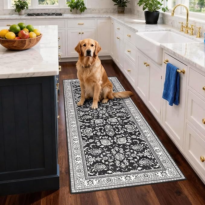 2x6 Runner Rugs for Hallways: Washable Kitchen Rugs Ultra Soft Vintage Carpet Low Pile Floral Runner with Rubber Backing Non Slip for Bedroom Bathroom Laundry Living Room Dining Black White