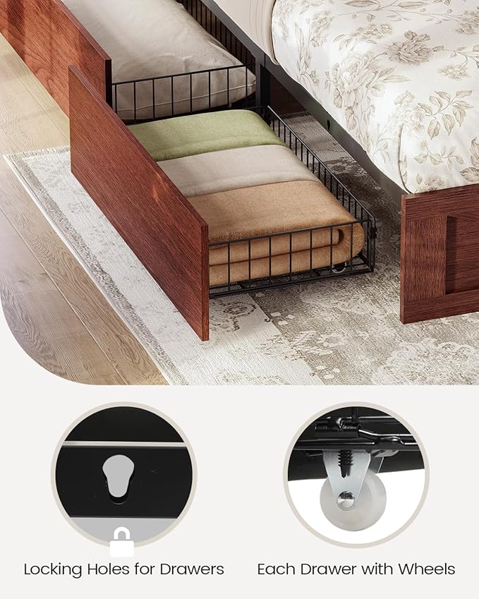 AOGLLATI Twin Bed Frame with 4 Storage Drawers and Charging Station, Farmhouse Wooden Led Twin Bed with Storage Hidden Space Headboard and Metal Slats,Mahogany