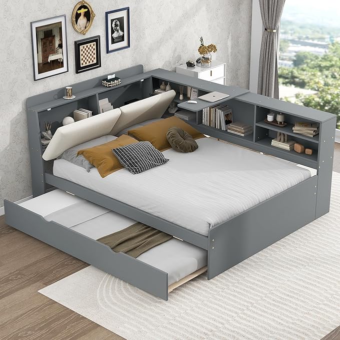 Ball & Cast Full Size Wooden Storage Daybed Frame, Modern Platform Bed with Trundle & Flip Headboard & Shelves, L Shaped Full Floor-Bed w/Upholstered Headboard&Storage, No Box Spring Needed, Gray