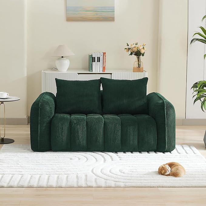 66'' Boneless Corduroy Loveseat Sofa, 2 Seater Tufted Deep Seat Couch with Rounded Armrest, Upholstered Cloud Couch for Living Room, Bedroom, No Assembly, Green