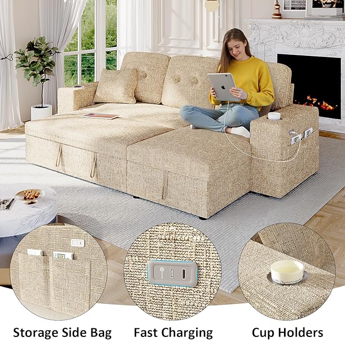 90 Inch Sleeper Sofa Bed, 4 in 1 Pull Out Couch Bed with Adjustable Backrest | Reversible Storage Chaise | Wide Armrest | Tool Free Assembly, Sectional Couches for Living Room, Khaki Chenille