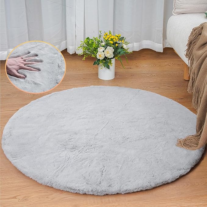 Round Furry Rugs for Living Room Faux Rabbit Fluffy Fur Rug for Bedroom Washable Area Rugs Boho Circle Rug Grey Shag Rug 4ft
