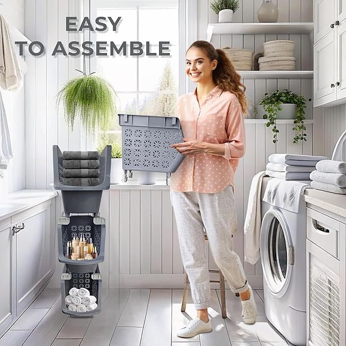 TidyFriend 4 Tier Stackable Storage Bins for Pantry with Wheels, Stackable Bins for Organizing Food, Kitchen, and Bathroom Essentials (Grey)
