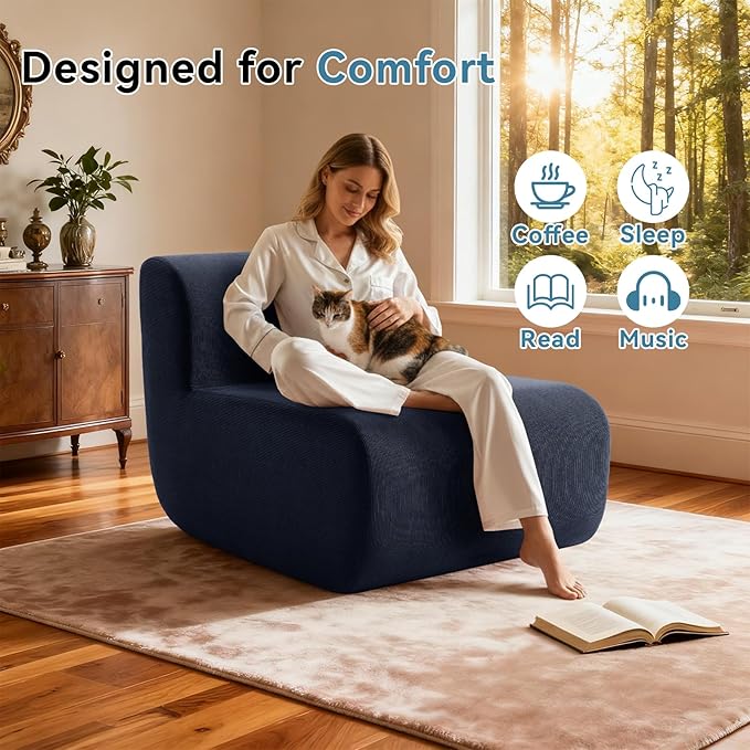 Single Boneless Chairs,Fireside Beanbag Chair Upholstered Cloud Sofa Chair,Corduroy Floor Couch Boneless Couch for Living Room,Memory Foam Lounge Chair for Bedroom,Deep Blue