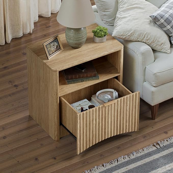 Evermagin Fluted Nightstand Set of 2, Natural Oak Bedside Table with Drawer and Storage, Wood End Table Mid Century Modern, Large Night Stand for Bedroom